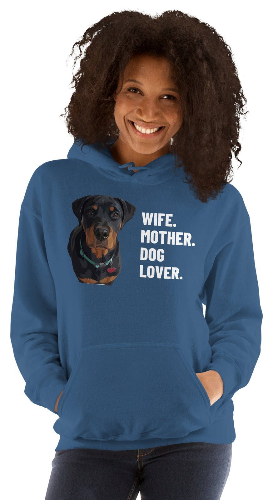 Wife. Mother. Dog Lover. Custom Pet Hoodie (Indigo Blue), Thor the Rottweiler: worn by a model. [ks Colour=Indigo Blue; kind=product]