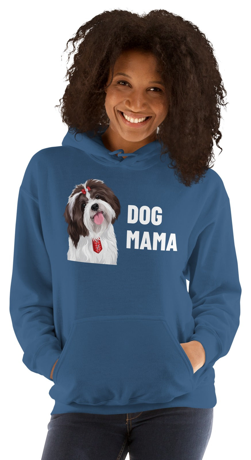 Dog Mama Custom Pet Hoodie (Indigo Blue), Pippin the Shih Tzu: worn by a model. [ks Colour=Indigo Blue; kind=product]