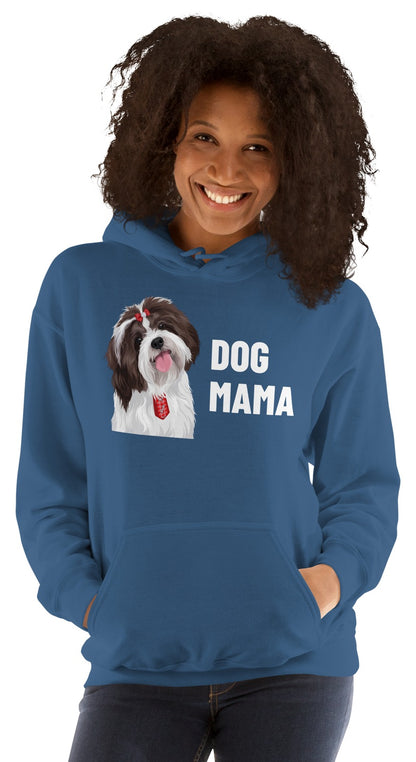 Dog Mama Custom Pet Hoodie (Indigo Blue), Pippin the Shih Tzu: worn by a model. [ks Colour=Indigo Blue; kind=product]