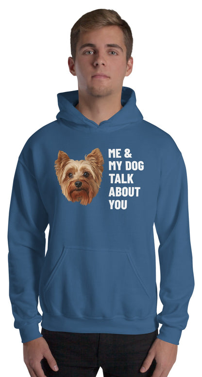 Me & My Dog Talk About You Custom Pet Hoodie (Indigo Blue), Gizmo the Yorkshire Terrier: worn by a model. [ks Colour=Indigo Blue; kind=product]