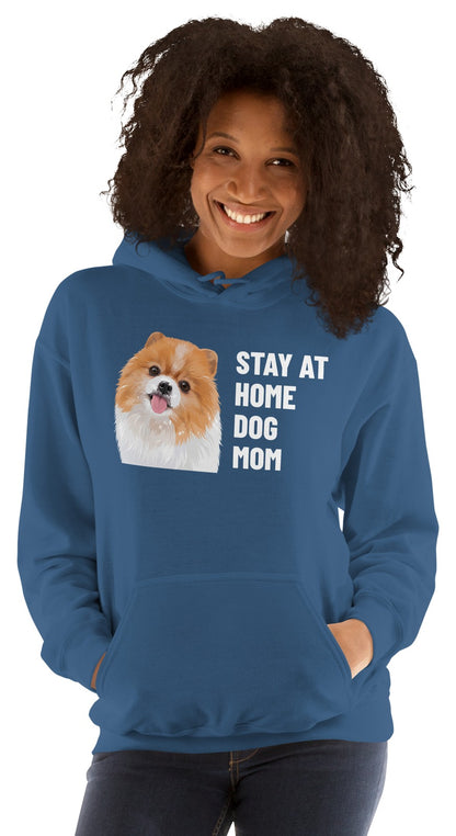 Stay At Home Dog Mom Custom Pet Hoodie (Indigo Blue), Nugget the Pomeranian: worn by a model. [ks Colour=Indigo Blue; kind=product]