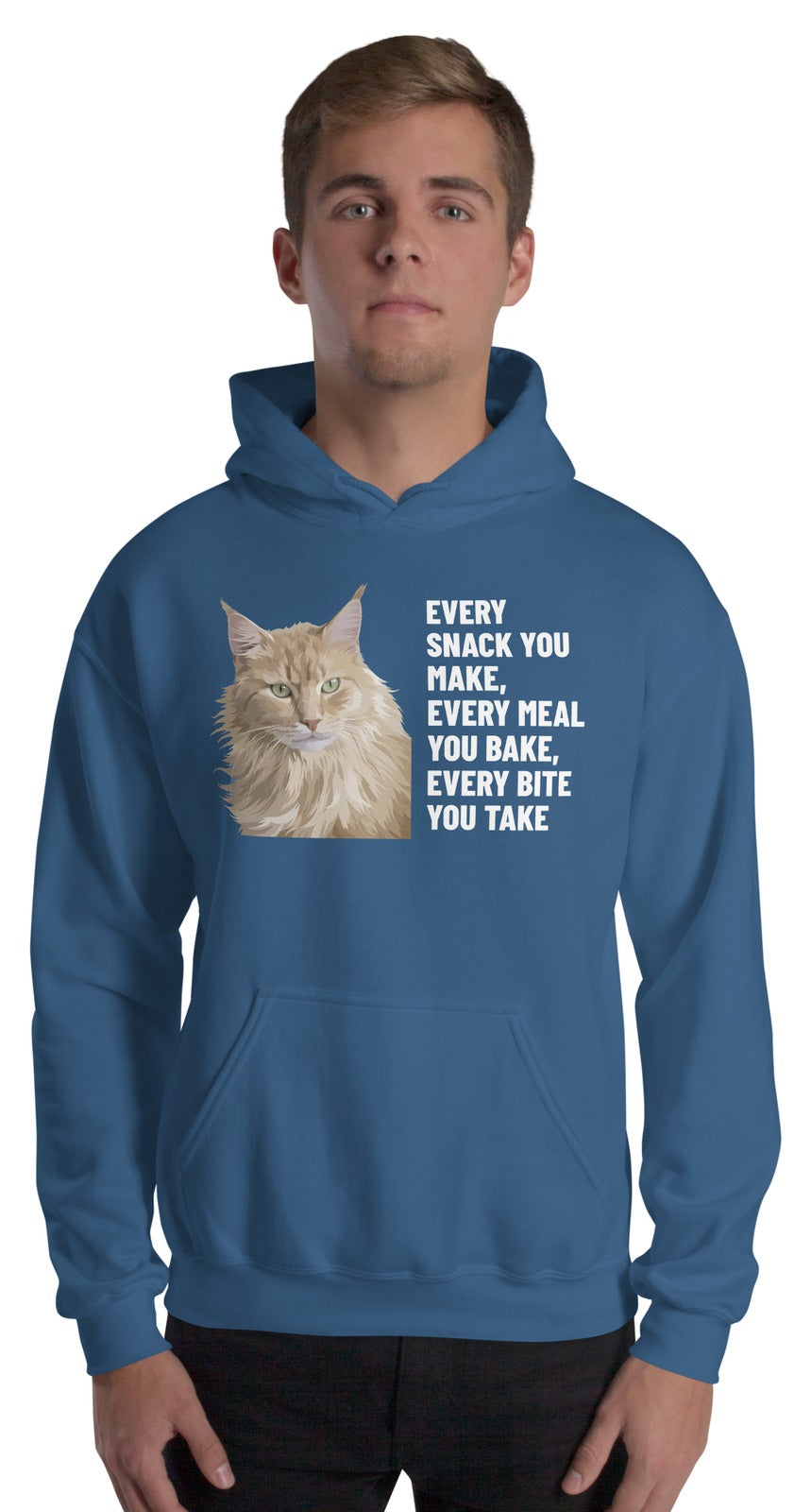Every Snack You Make, Every Meal You Bake, Every Bite You Take Custom Pet Hoodie (Indigo Blue), Caramel the Maine Coon cat: worn by a model. [ks Colour=Indigo Blue; kind=product]