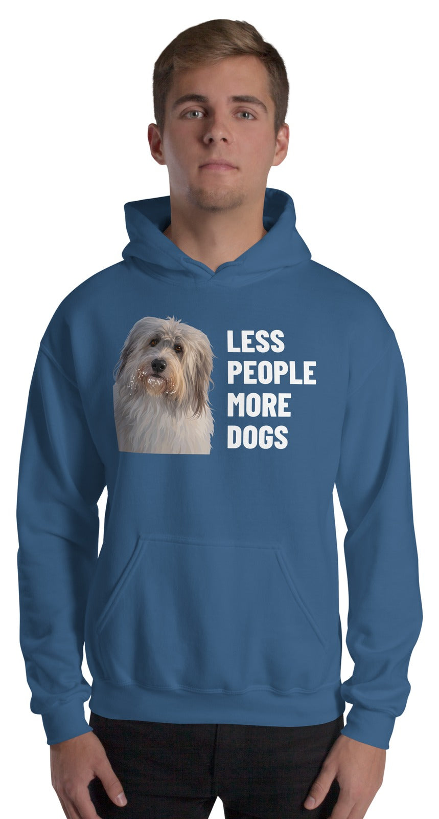 Less People More Dogs Custom Pet Hoodie (Indigo Blue), Gandalf the Sheepdog: worn by a model. [ks Colour=Indigo Blue; kind=product]