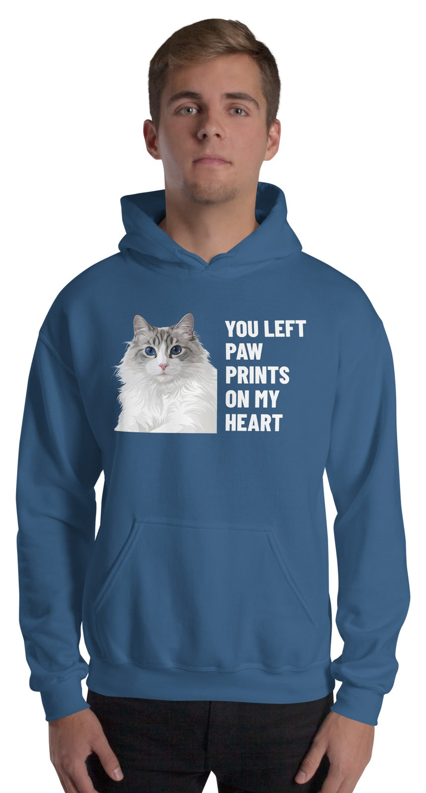 You Left Paw Prints On My Heart Custom Pet Hoodie (Indigo Blue), Cloud the Ragdoll cat: worn by a model. [ks Colour=Indigo Blue; kind=product]