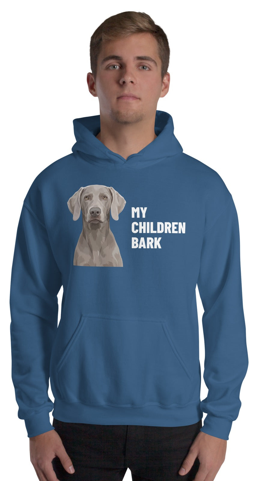 My Children Bark Custom Pet Hoodie (Indigo Blue), Pewter the Weimaraner: worn by a model. [ks Colour=Indigo Blue; kind=product]