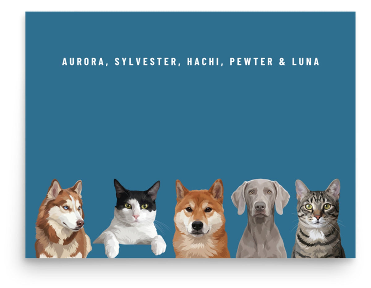 Holiday Custom Five Pet Portrait (Poster Only): Aurora the Siberian Husky & Sylvester the tuxedo cat & Hachi the Shiba Inu & Pewter the Weimaraner & Luna the grey-brown tabby cat on a Ocean background. [ks Style=Poster Only; Background=Ocean]