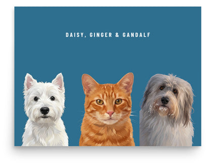 Holiday Custom Three Pet Portrait (Poster Only): Daisy the West Highland White Terrier & Ginger the orange tabby cat & Gandalf the Sheepdog on a Ocean background. [ks Style=Poster Only; Background=Ocean]