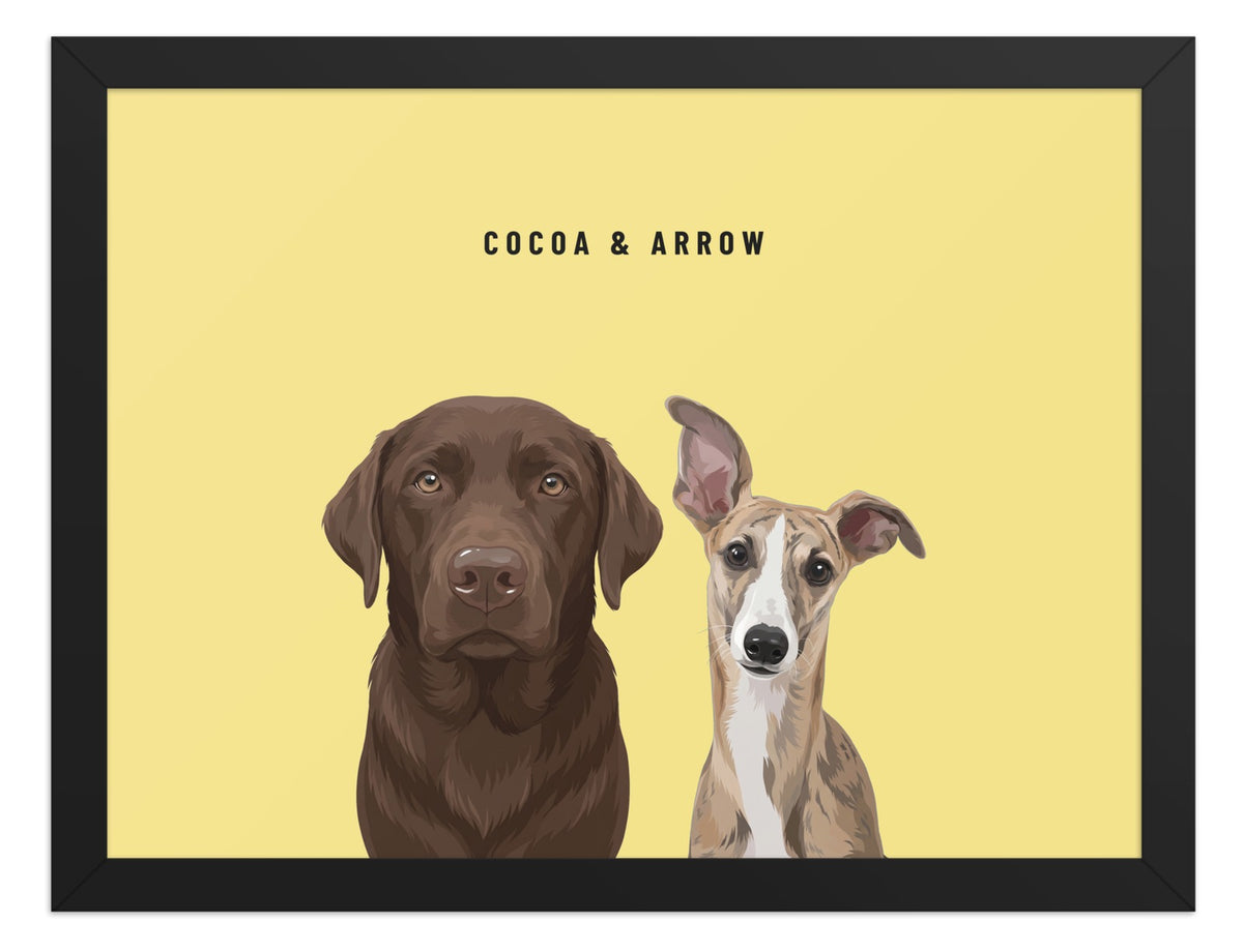 Custom Two Pet Portrait Framed Print (Black): Cocoa the chocolate Labrador & Arrow the Whippet on a Lemon background. [ks Frame=Black; Background=Lemon]