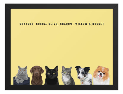 Custom Six Pet Portrait Framed Print (Black): Grayson the British Shorthair cat & Cocoa the chocolate Labrador & Olive the black cat & Shadow the grey tabby cat & Willow the Border Collie & Nugget the Pomeranian on a Lemon background. [ks Frame=Black; Background=Lemon]