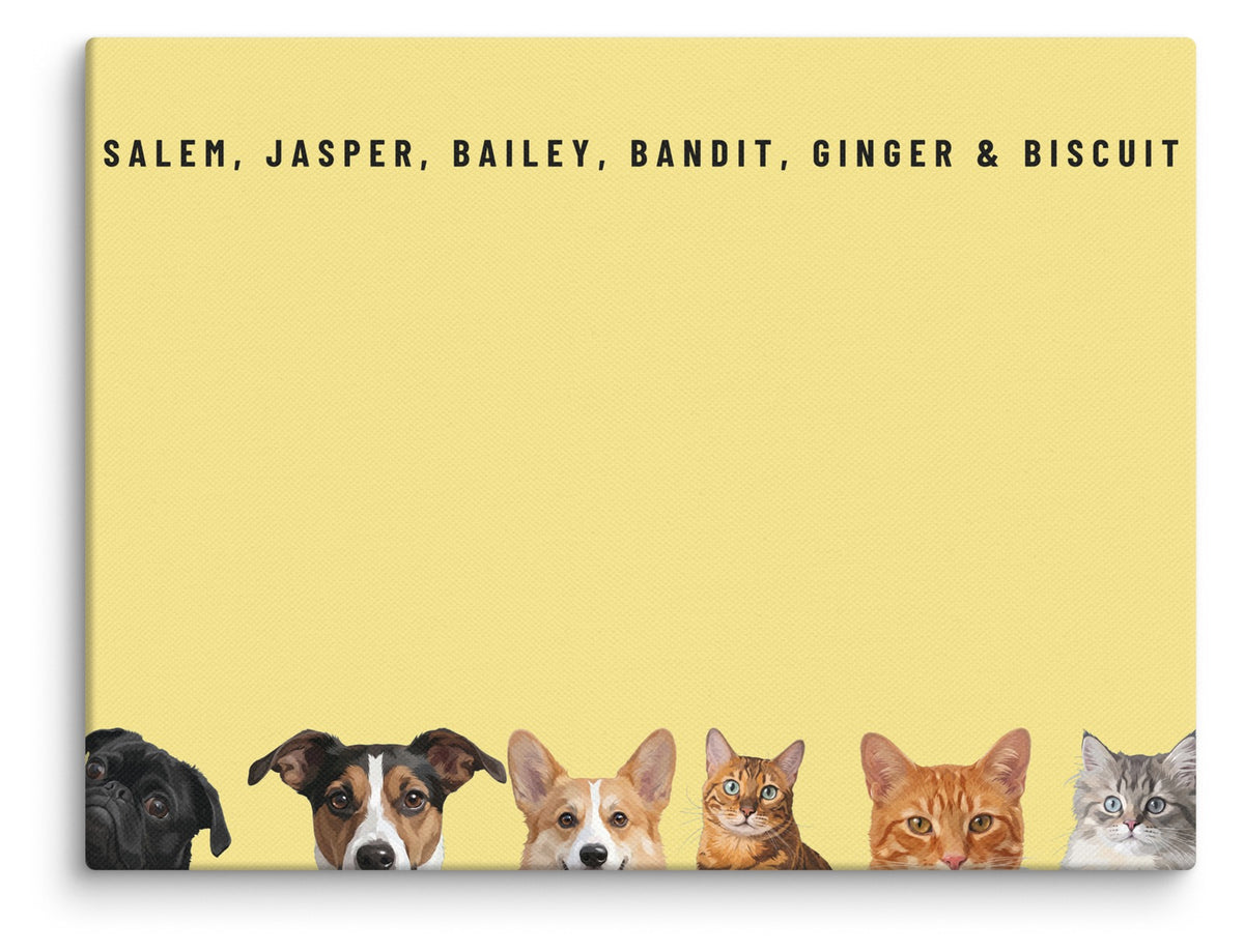 Custom Six Pet Portrait Canvas (Canvas): Salem the Pug & Jasper the Jack Russell Terrier & Bailey the Pembroke Welsh Corgi & Bandit the Bengal cat & Ginger the orange tabby cat & Biscuit the tabby kitten on a Lemon background. [ks Style=Canvas; Background=Lemon]