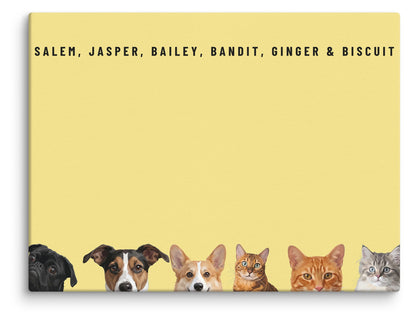 Custom Six Pet Portrait Canvas (Canvas): Salem the Pug & Jasper the Jack Russell Terrier & Bailey the Pembroke Welsh Corgi & Bandit the Bengal cat & Ginger the orange tabby cat & Biscuit the tabby kitten on a Lemon background. [ks Style=Canvas; Background=Lemon]