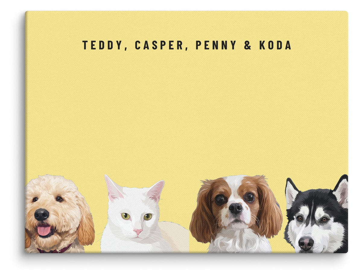 Custom Four Pet Portrait Canvas (Canvas): Teddy the Goldendoodle & Casper the white cat & Penny the Cavalier King Charles Spaniel & Koda the Siberian Husky on a Lemon background. [ks Style=Canvas; Background=Lemon]