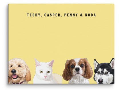Custom Four Pet Portrait Canvas (Canvas): Teddy the Goldendoodle & Casper the white cat & Penny the Cavalier King Charles Spaniel & Koda the Siberian Husky on a Lemon background. [ks Style=Canvas; Background=Lemon]