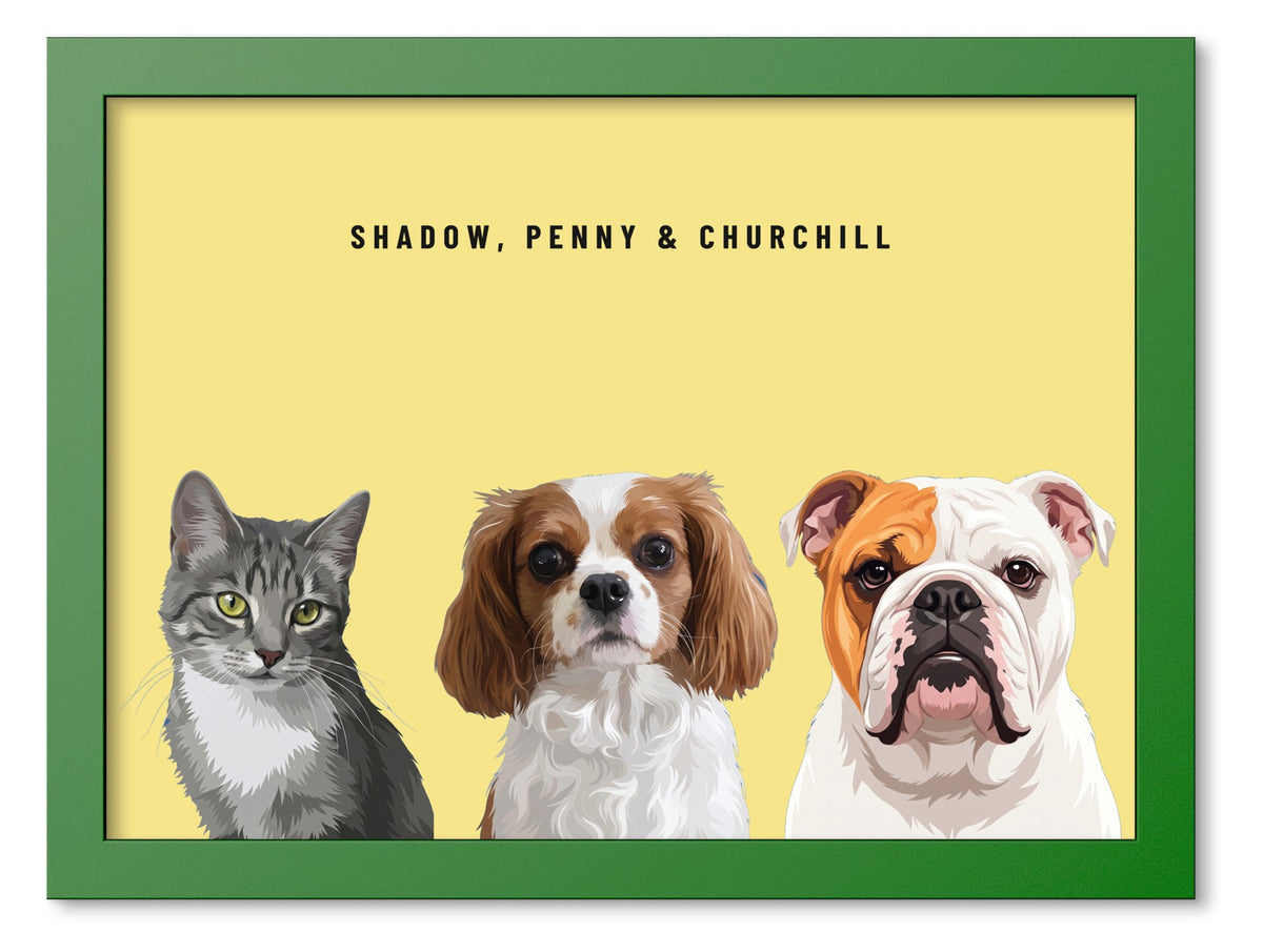 Custom Three Pet Portrait Coloured Frame Print (Forest Green): Shadow the grey tabby cat & Penny the Cavalier King Charles Spaniel & Churchill the English Bulldog on a Lemon background. [ks Frame Colour=Forest Green; Background=Lemon]