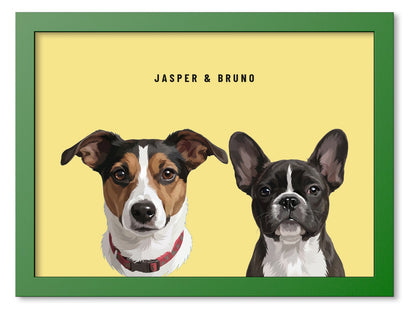 Custom Two Pet Portrait Coloured Frame Print (Forest Green): Jasper the Jack Russell Terrier & Bruno the French Bulldog on a Lemon background. [ks Frame Colour=Forest Green; Background=Lemon]