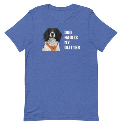 Dog Hair Is My Glitter Custom Pet T-Shirt (Heather True Royal), Roscoe the English Springer Spaniel: front view. [ks Colour=Heather True Royal; kind=product]
