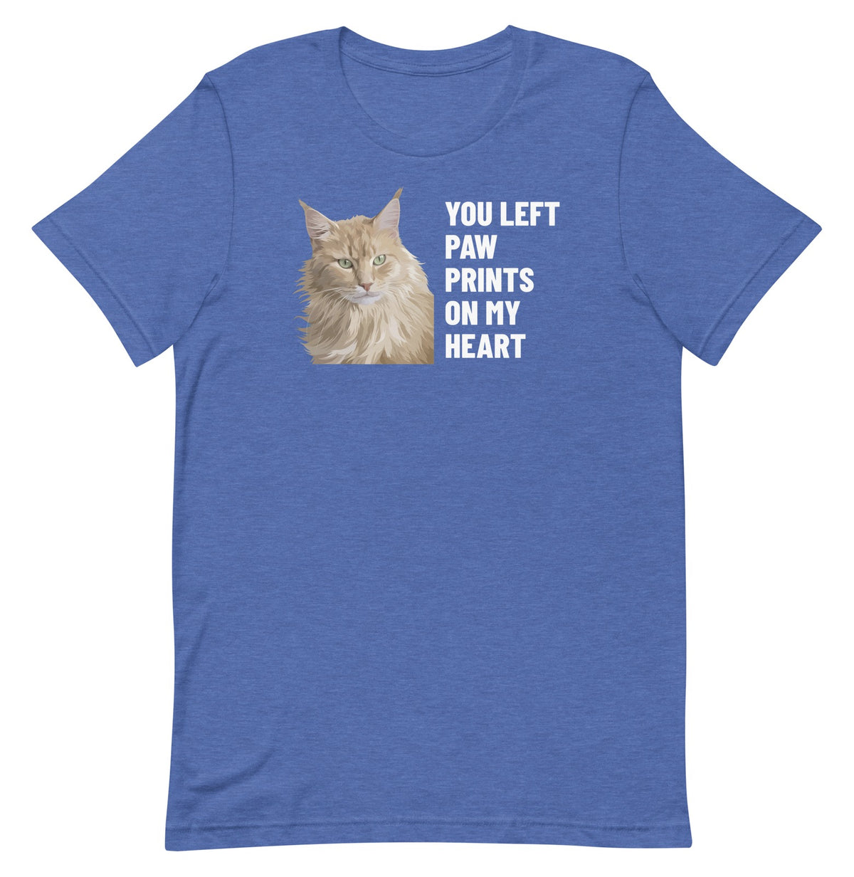 You Left Paw Prints On My Heart Custom Pet T-Shirt (Heather True Royal), Caramel the Maine Coon cat: front view. [ks Colour=Heather True Royal; kind=product]