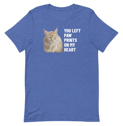 You Left Paw Prints On My Heart Custom Pet T-Shirt (Heather True Royal), Caramel the Maine Coon cat: front view. [ks Colour=Heather True Royal; kind=product]