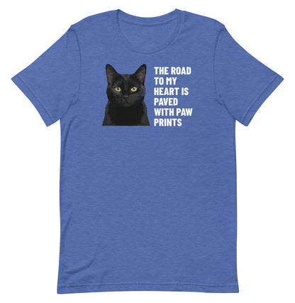 The Road To My Heart Is Paved With Paw Prints Custom Pet T-Shirt (Heather True Royal), Olive the black cat: front view. [ks Colour=Heather True Royal; kind=product]