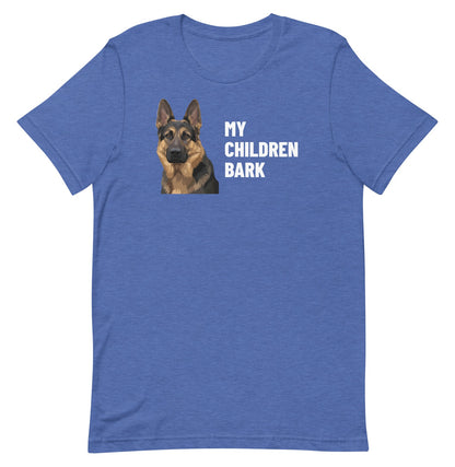 My Children Bark Custom Pet T-Shirt (Heather True Royal), Max the German Shepherd: front view. [ks Colour=Heather True Royal; kind=product]