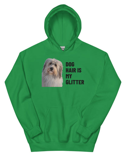 Dog Hair Is My Glitter Custom Pet Hoodie (Irish Green), Gandalf the Sheepdog: front view. [ks Colour=Irish Green; kind=product]
