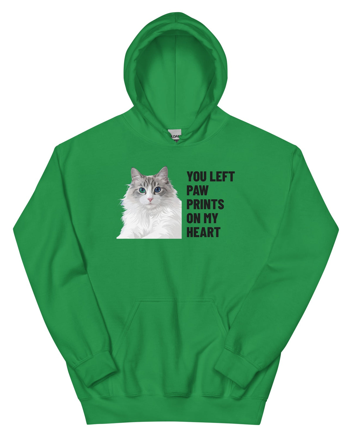 You Left Paw Prints On My Heart Custom Pet Hoodie (Irish Green), Cloud the Ragdoll cat: front view. [ks Colour=Irish Green; kind=product]