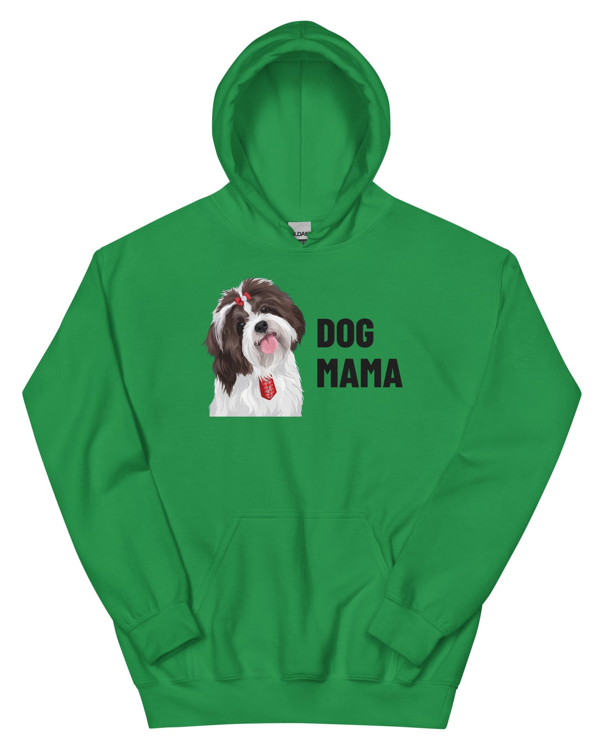 Dog Mama Custom Pet Hoodie (Irish Green), Pippin the Shih Tzu: front view. [ks Colour=Irish Green; kind=product]