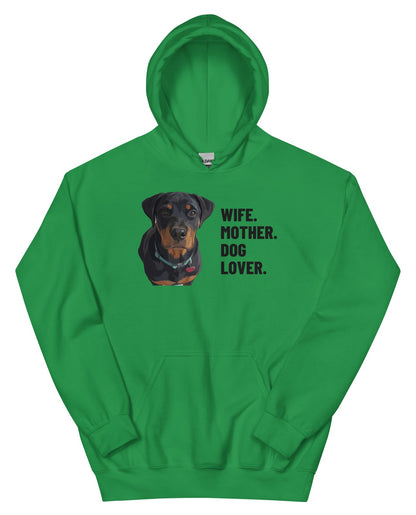Wife. Mother. Dog Lover. Custom Pet Hoodie (Irish Green), Thor the Rottweiler: front view. [ks Colour=Irish Green; kind=product]