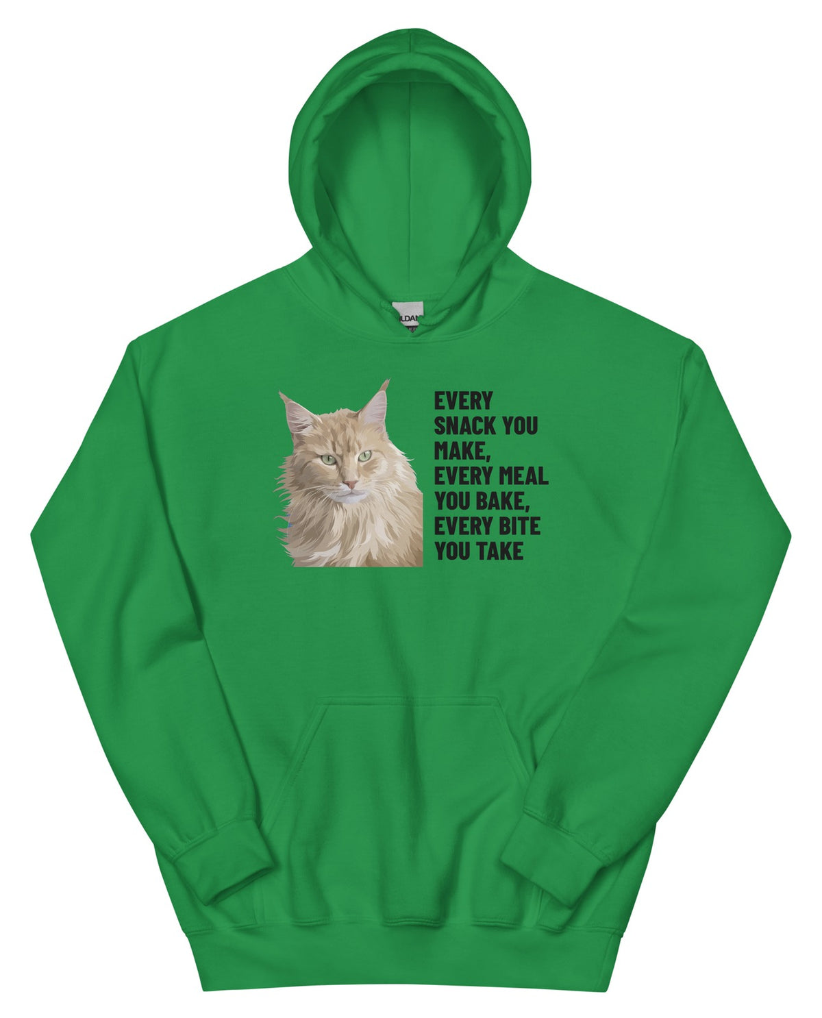 Every Snack You Make, Every Meal You Bake, Every Bite You Take Custom Pet Hoodie (Irish Green), Caramel the Maine Coon cat: front view. [ks Colour=Irish Green; kind=product]