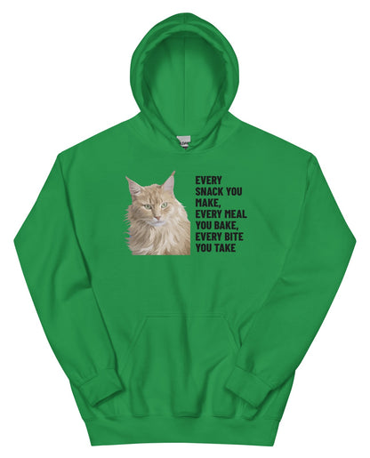 Every Snack You Make, Every Meal You Bake, Every Bite You Take Custom Pet Hoodie (Irish Green), Caramel the Maine Coon cat: front view. [ks Colour=Irish Green; kind=product]
