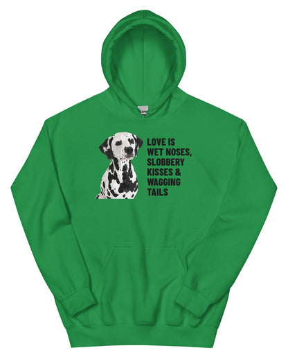 Love Is Wet Noses, Slobbery Kisses & Wagging Tails Custom Pet Hoodie (Irish Green), Dotty the Dalmatian: front view. [ks Colour=Irish Green; kind=product]