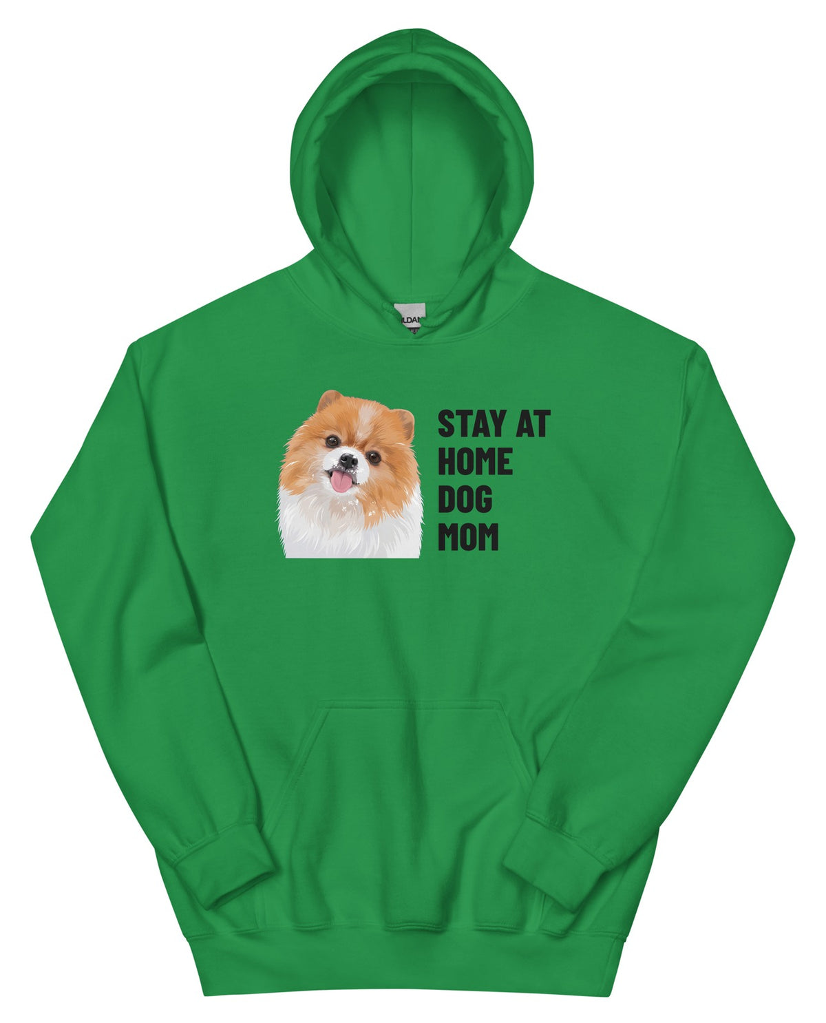 Stay At Home Dog Mom Custom Pet Hoodie (Irish Green), Nugget the Pomeranian: front view. [ks Colour=Irish Green; kind=product]