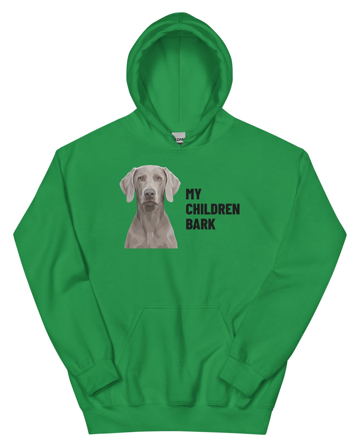 My Children Bark Custom Pet Hoodie (Irish Green), Pewter the Weimaraner: front view. [ks Colour=Irish Green; kind=product]