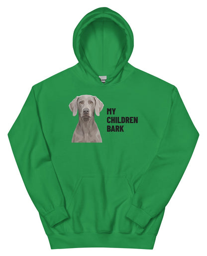 My Children Bark Custom Pet Hoodie (Irish Green), Pewter the Weimaraner: front view. [ks Colour=Irish Green; kind=product]