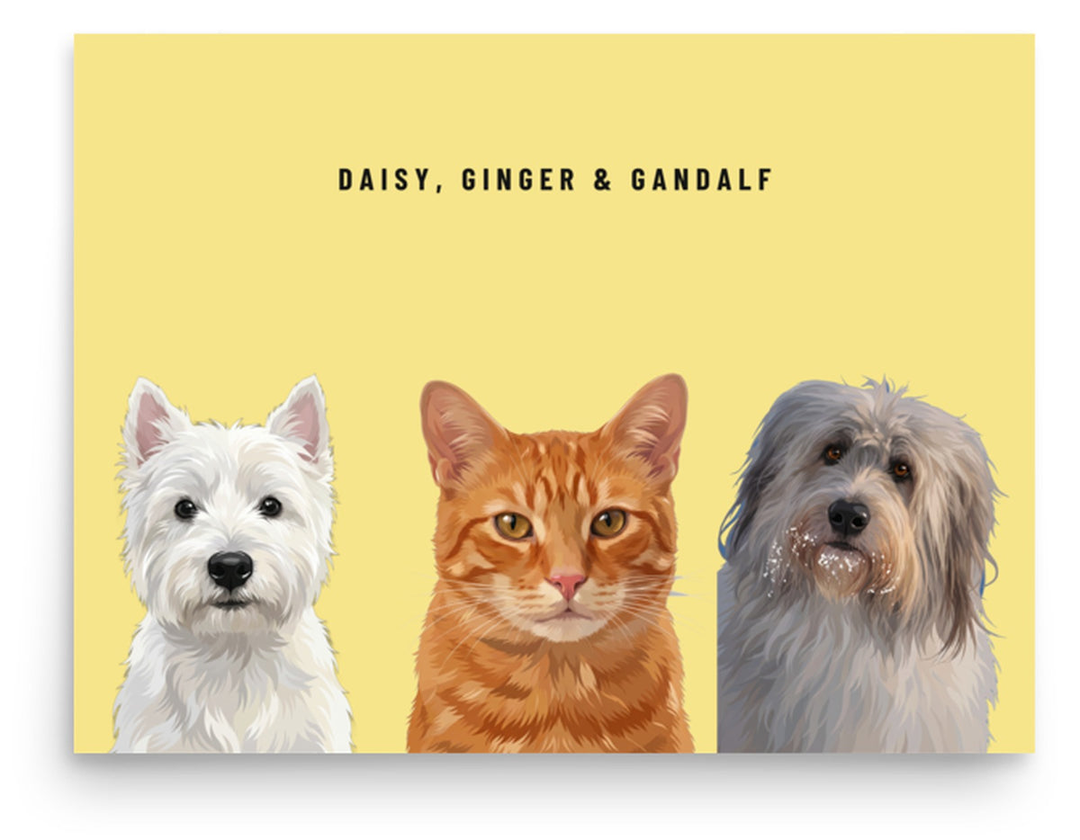 Holiday Custom Three Pet Portrait (Poster Only): Daisy the West Highland White Terrier & Ginger the orange tabby cat & Gandalf the Sheepdog on a Lemon background. [ks Style=Poster Only; Background=Lemon]