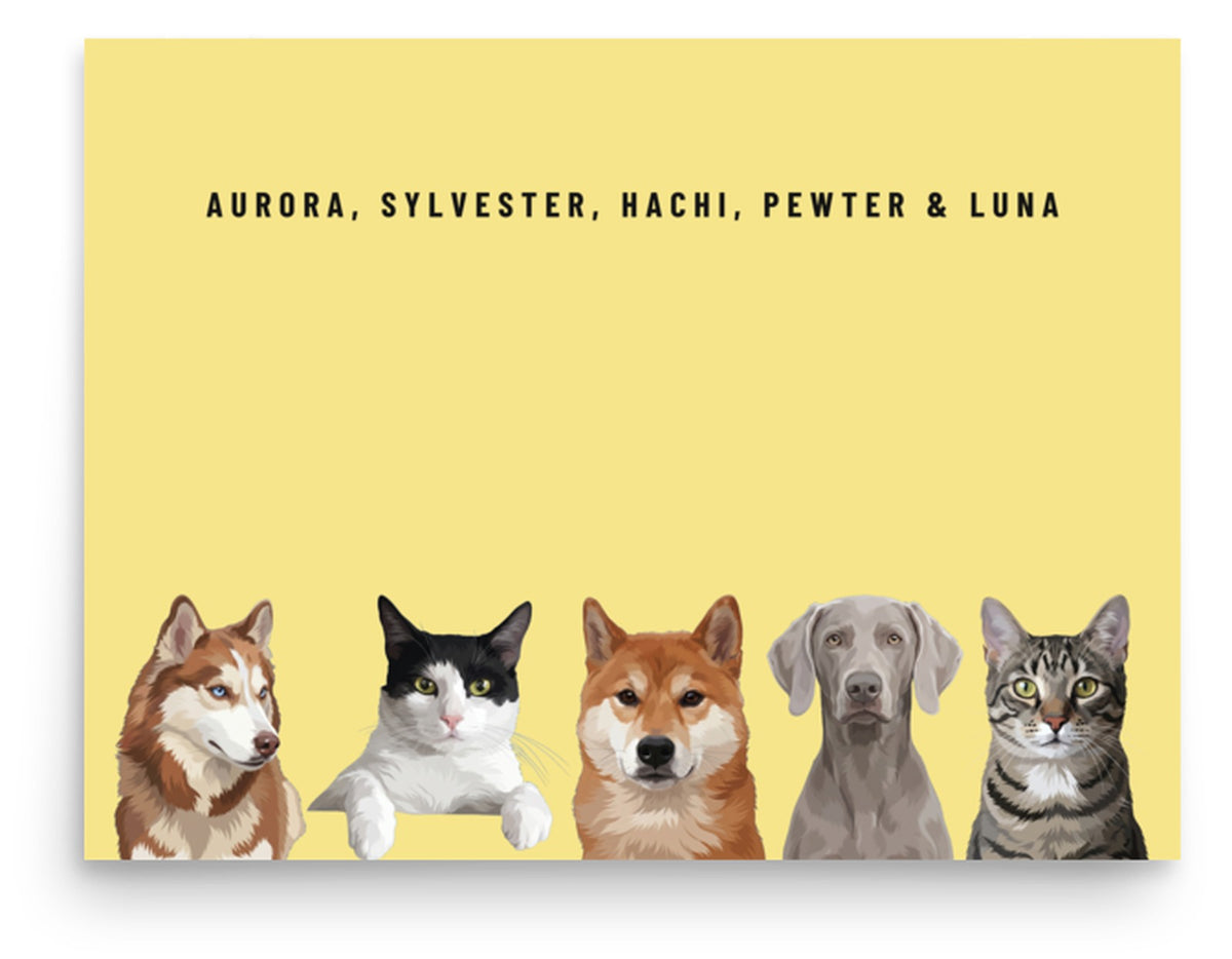 Holiday Custom Five Pet Portrait (Poster Only): Aurora the Siberian Husky & Sylvester the tuxedo cat & Hachi the Shiba Inu & Pewter the Weimaraner & Luna the grey-brown tabby cat on a Lemon background. [ks Style=Poster Only; Background=Lemon]