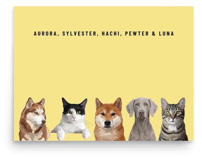 Holiday Custom Five Pet Portrait (Poster Only): Aurora the Siberian Husky & Sylvester the tuxedo cat & Hachi the Shiba Inu & Pewter the Weimaraner & Luna the grey-brown tabby cat on a Lemon background. [ks Style=Poster Only; Background=Lemon]