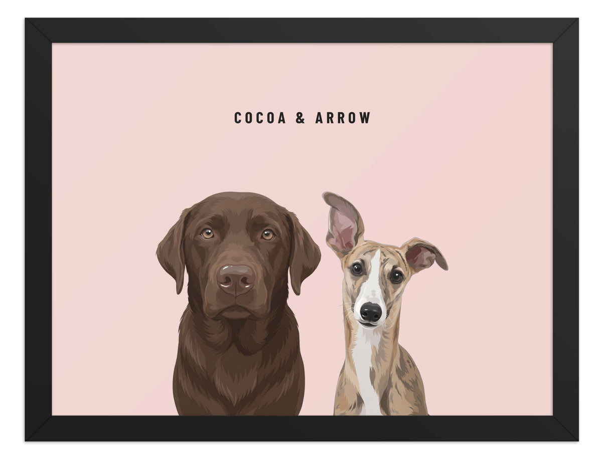 Custom Two Pet Portrait Framed Print (Black): Cocoa the chocolate Labrador & Arrow the Whippet on a Blush background. [ks Frame=Black; Background=Blush]