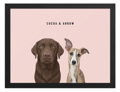 Custom Two Pet Portrait Framed Print (Black): Cocoa the chocolate Labrador & Arrow the Whippet on a Blush background. [ks Frame=Black; Background=Blush]