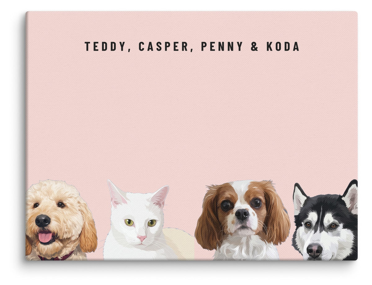 Custom Four Pet Portrait Canvas (Canvas): Teddy the Goldendoodle & Casper the white cat & Penny the Cavalier King Charles Spaniel & Koda the Siberian Husky on a Blush background. [ks Style=Canvas; Background=Blush]