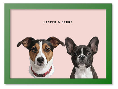 Custom Two Pet Portrait Coloured Frame Print (Forest Green): Jasper the Jack Russell Terrier & Bruno the French Bulldog on a Blush background. [ks Frame Colour=Forest Green; Background=Blush]