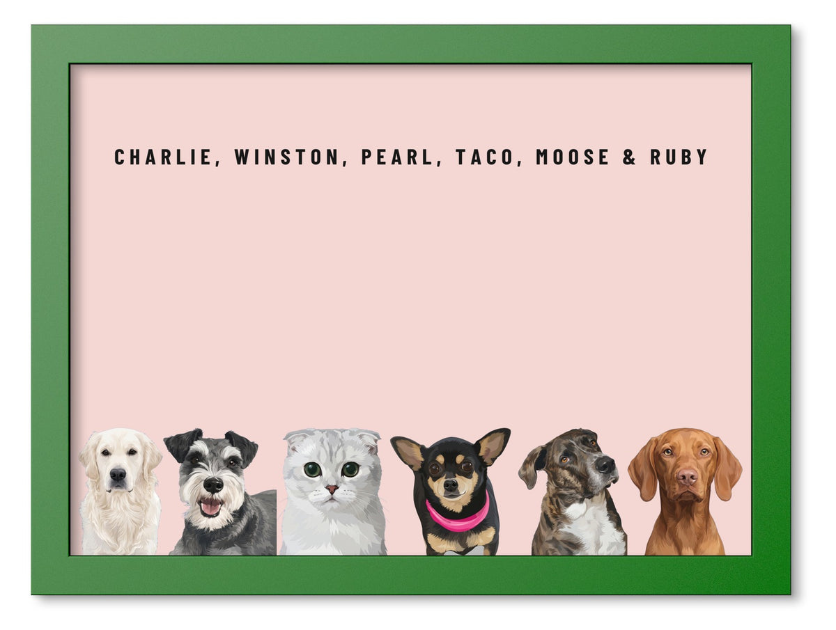 Custom Six Pet Portrait Coloured Frame Print (Forest Green): Charlie the Golden Retriever & Winston the Miniature Schnauzer & Pearl the Scottish Fold cat & Taco the Chihuahua & Moose the mixed-breed dog & Ruby the Vizsla on a Blush background. [ks Frame Colour=Forest Green; Background=Blush]