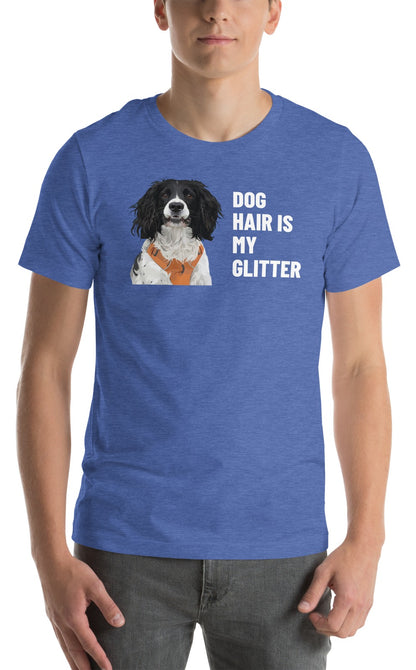 Dog Hair Is My Glitter Custom Pet T-Shirt (Heather True Royal), Roscoe the English Springer Spaniel: worn by a model. [ks Colour=Heather True Royal; kind=product]