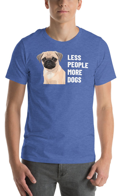 Less People More Dogs Custom Pet T-Shirt (Heather True Royal), Waffles the Pug: worn by a model. [ks Colour=Heather True Royal; kind=product]