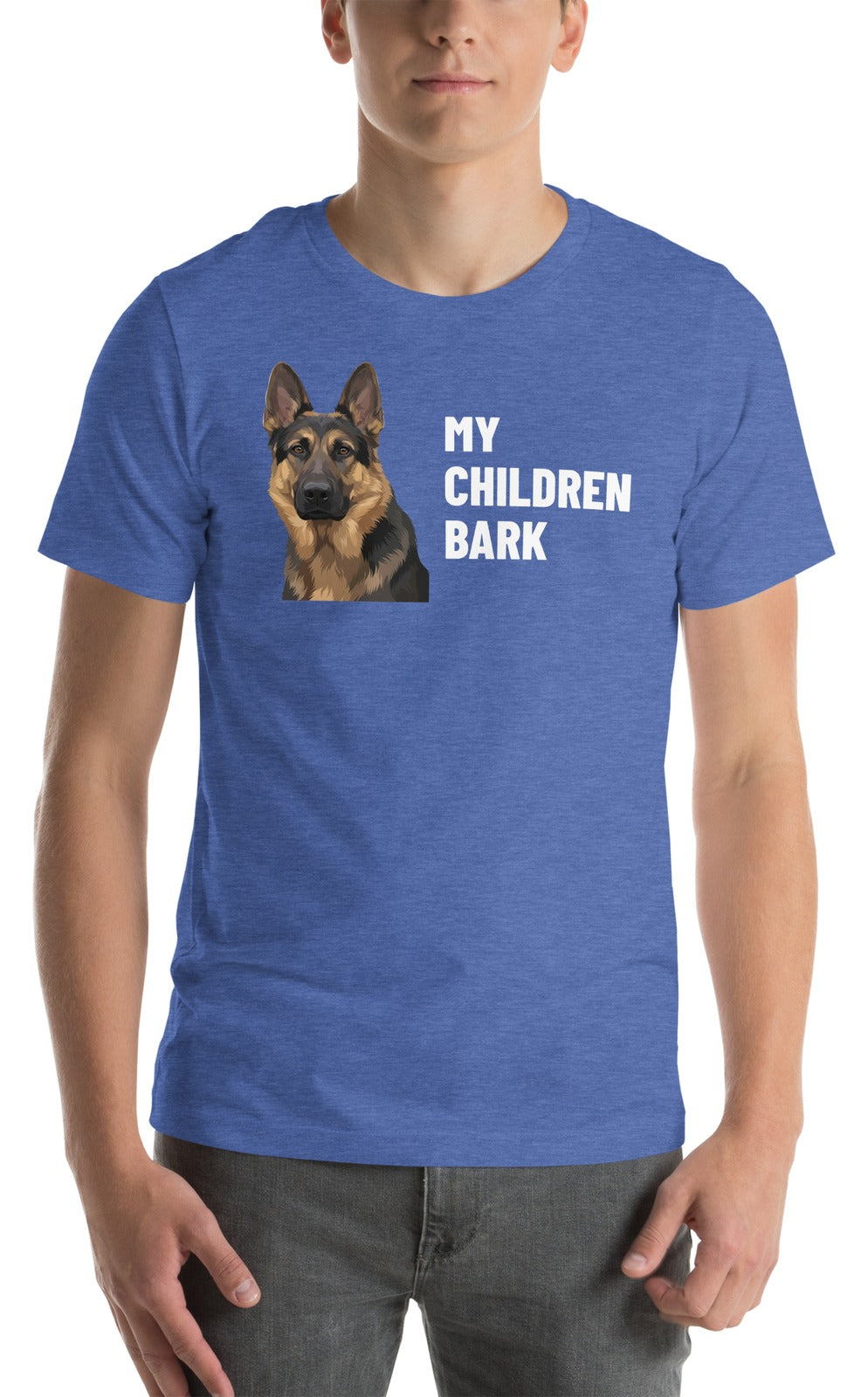 My Children Bark Custom Pet T-Shirt (Heather True Royal), Max the German Shepherd: worn by a model. [ks Colour=Heather True Royal; kind=product]