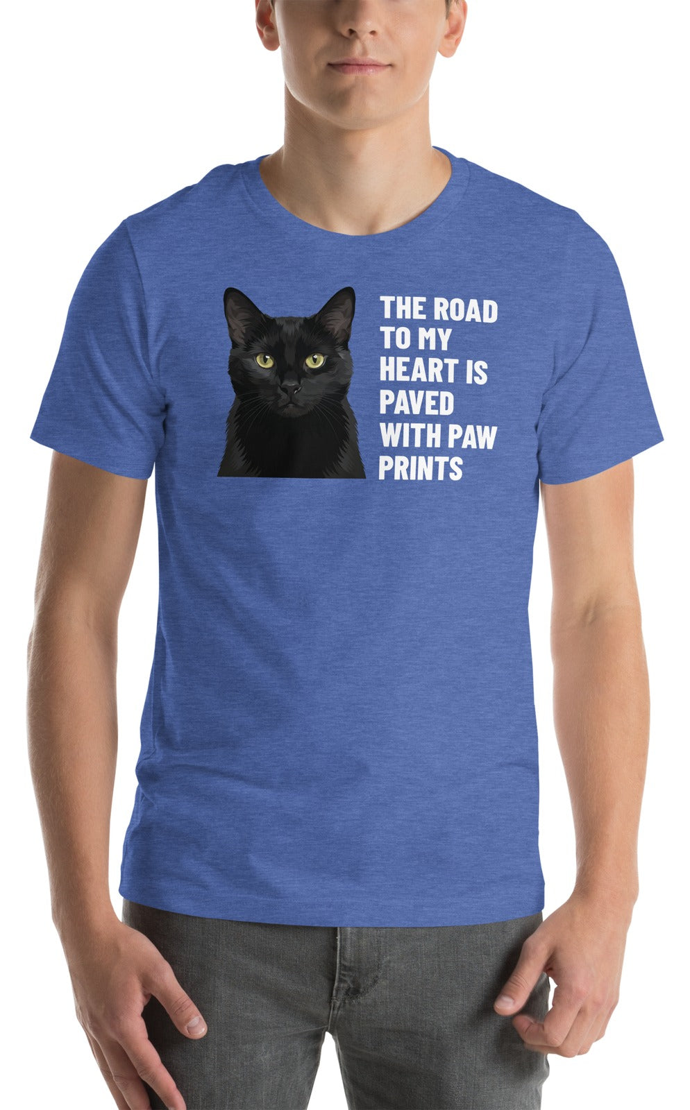 The Road To My Heart Is Paved With Paw Prints Custom Pet T-Shirt (Heather True Royal), Olive the black cat: worn by a model. [ks Colour=Heather True Royal; kind=product]
