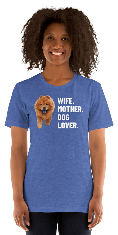 Wife. Mother. Dog Lover. Custom Pet T-Shirt (Heather True Royal), Simba the Chow Chow: worn by a model. [ks Colour=Heather True Royal; kind=product]