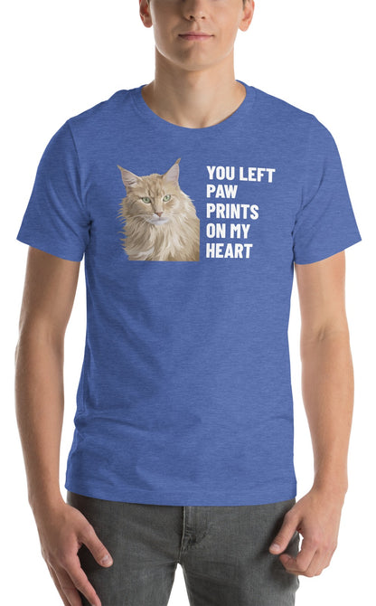 You Left Paw Prints On My Heart Custom Pet T-Shirt (Heather True Royal), Caramel the Maine Coon cat: worn by a model. [ks Colour=Heather True Royal; kind=product]