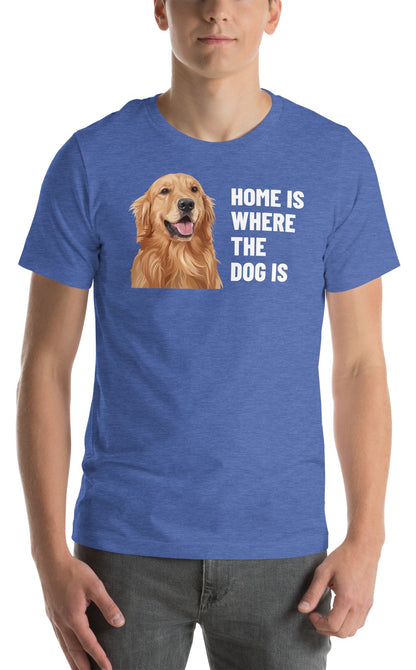 Home Is Where The Dog Is Custom Pet T-Shirt (Heather True Royal), Cooper the Golden Retriever: worn by a model. [ks Colour=Heather True Royal; kind=product]