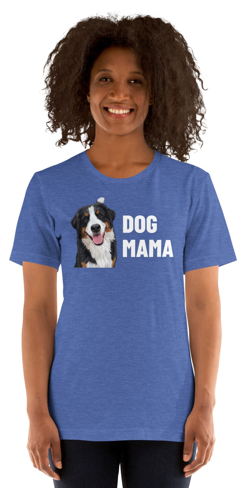 Dog Mama Custom Pet T-Shirt (Heather True Royal), Bear the Bernese Mountain Dog: worn by a model. [ks Colour=Heather True Royal; kind=product]